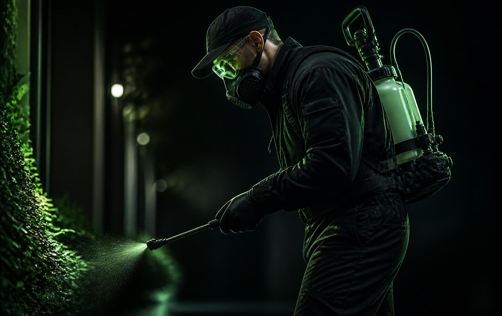 Técnico realizando controle de pragas com equipamento profissional